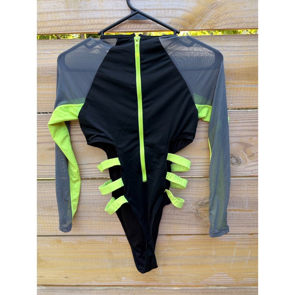 Icon Swim Bodysuit XS Black Neon Green Long Sleeve Mesh Cut Out Rave Festival